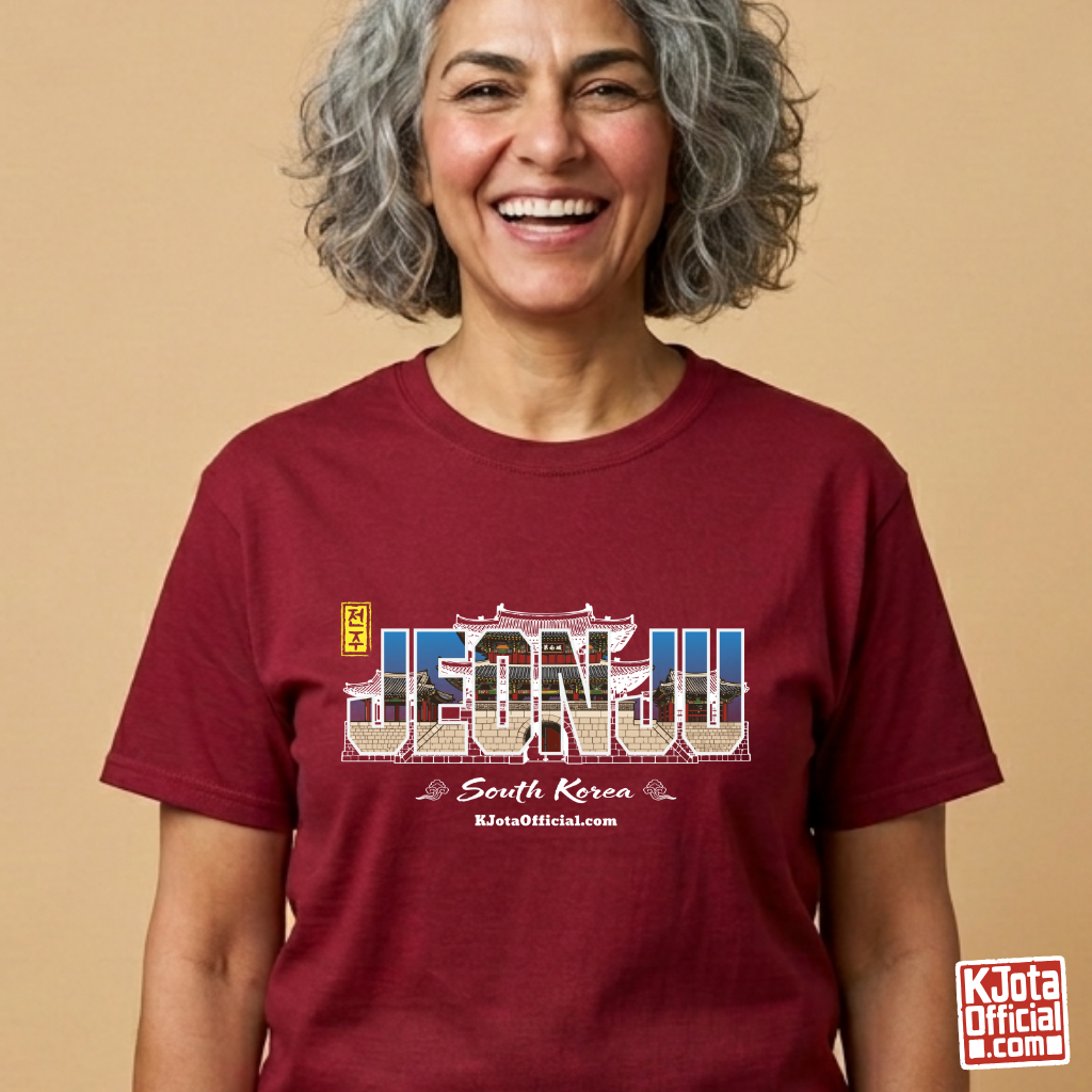 woman wearing Jeonjuseong1 Fortress Pungnammun Gate history graphic with text overlay on red t-shirt. Korea travel t-shirt handcrafted design by K-Jota