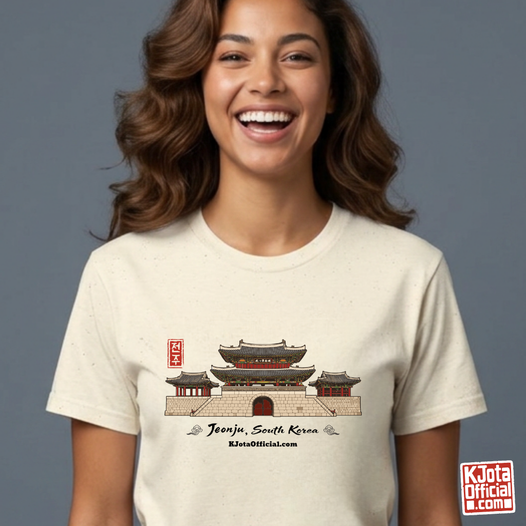 Woman wearing Jeonjuseong2 Pungnammun Gate beige t-shirt, Jeonju South Korea graphic tee handcrafted design by K-Jota