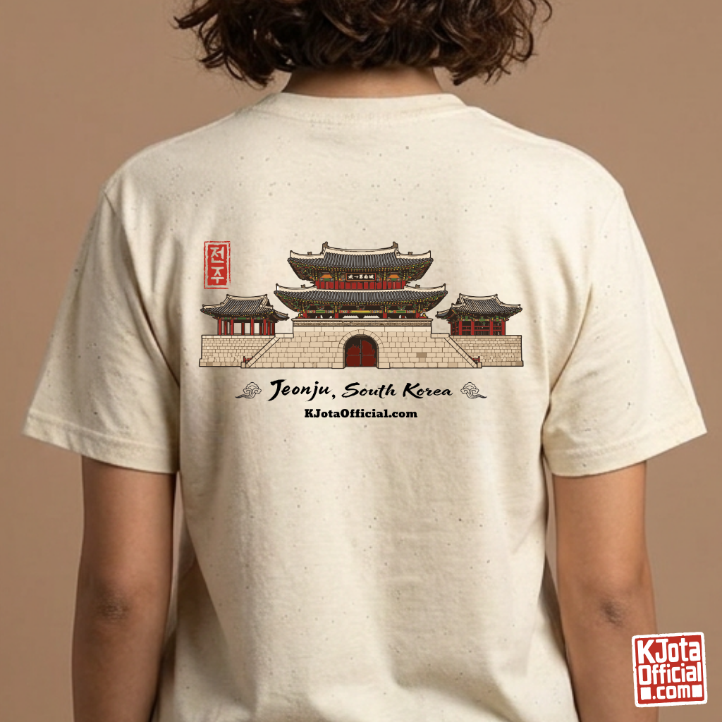Woman wearing Jeonjuseong2 Pungnammun Gate beige t-shirt, Jeonju South Korea graphic tee handcrafted design printed on the backside by K-Jota