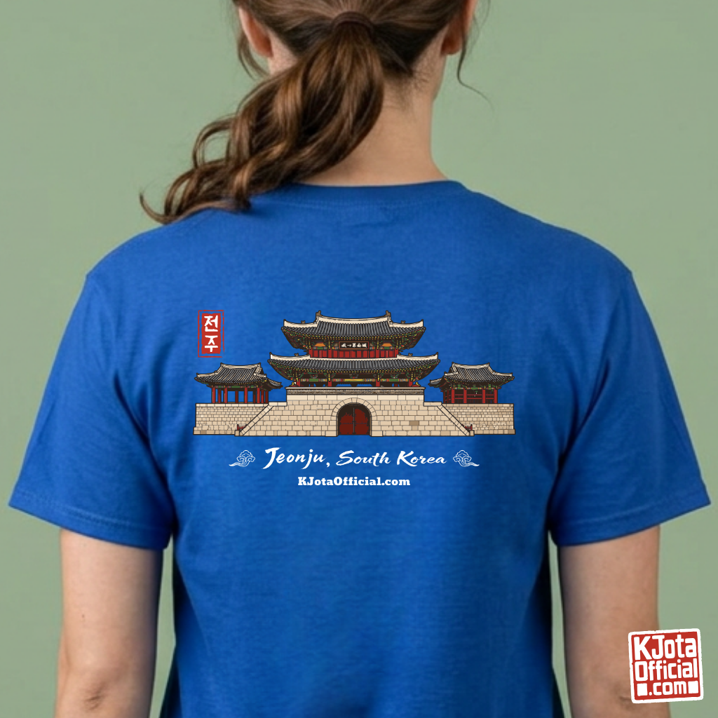 Woman wearing Jeonjuseong2 Pungnammun Gate blue t-shirt, Jeonju South Korea graphic tee handcrafted design printed on the backside by K-Jota