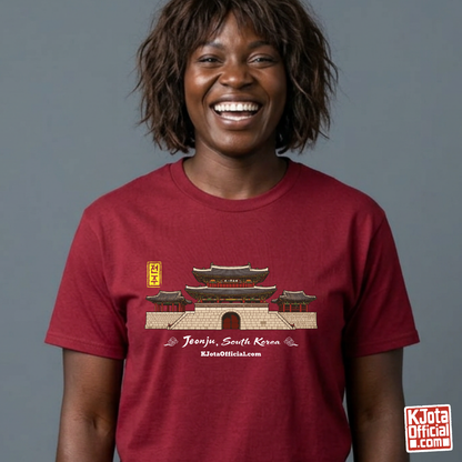 Woman wearing Jeonjuseong2 Pungnammun Gate red t-shirt, Jeonju South Korea graphic tee handcrafted design by K-Jota