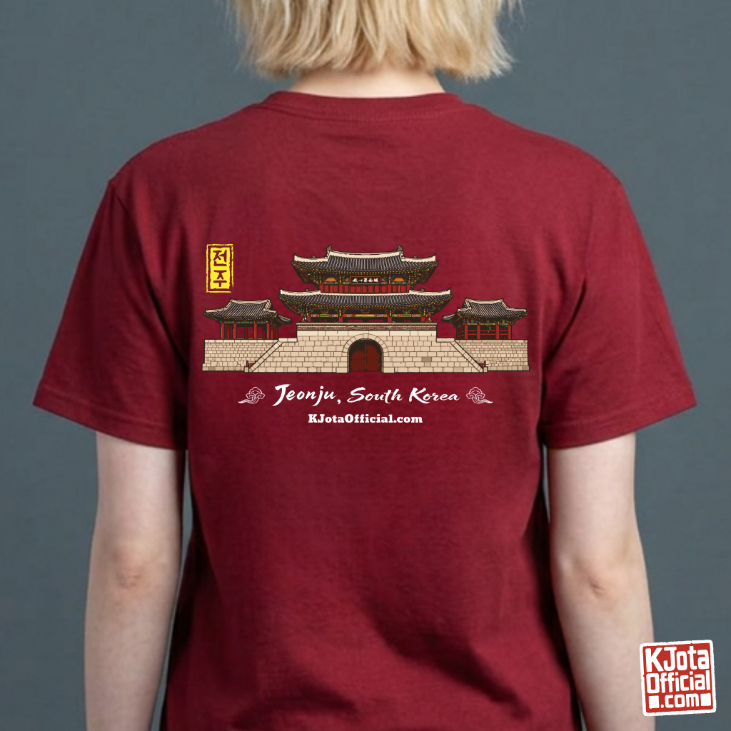 Woman wearing Jeonjuseong2 Pungnammun Gate red t-shirt, Jeonju South Korea graphic tee handcrafted design printed on the backside by K-Jota