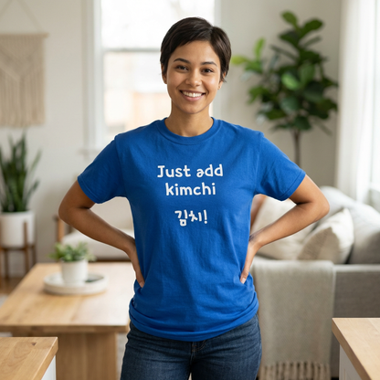 woman wearing Just add kimchi Korean food superfood fan blue t-shirt by Kjota
