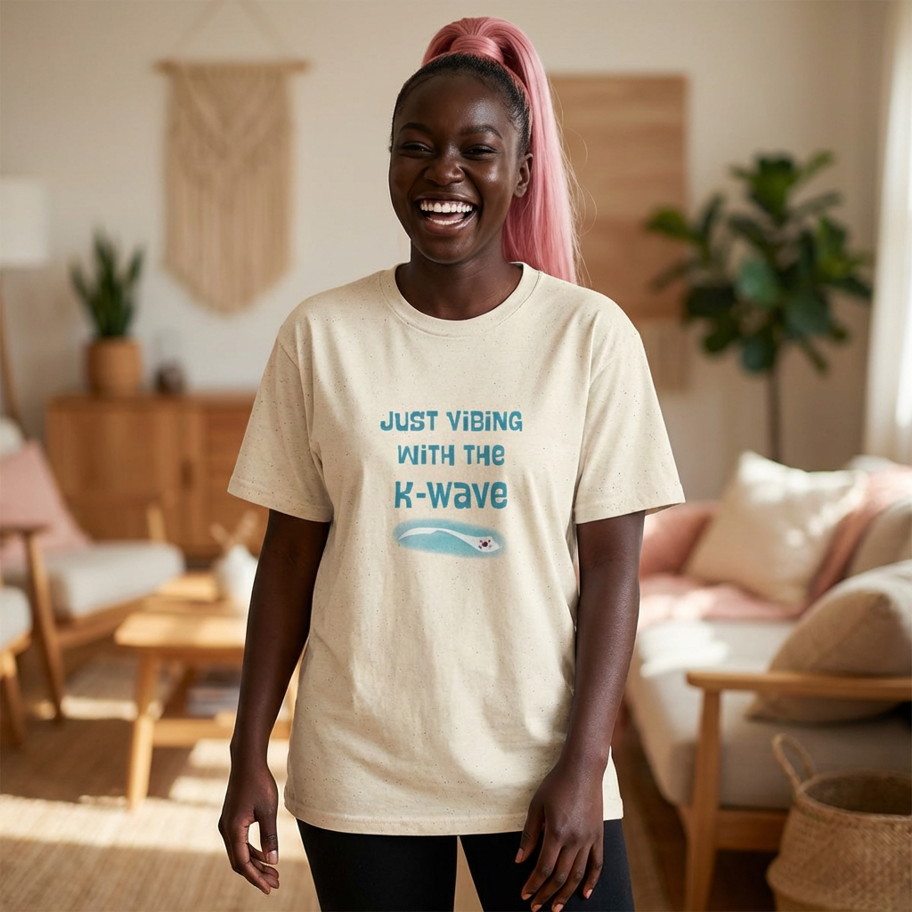 woman wearing Just Vibing with the K-Wave Korean pop culture Hallyu 한류 fandom beige t-shirt by Kjota