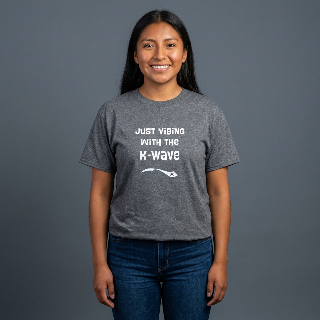 woman wearing Just Vibing with the K-Wave Korean pop culture Hallyu 한류 fandom gray t-shirt by Kjota