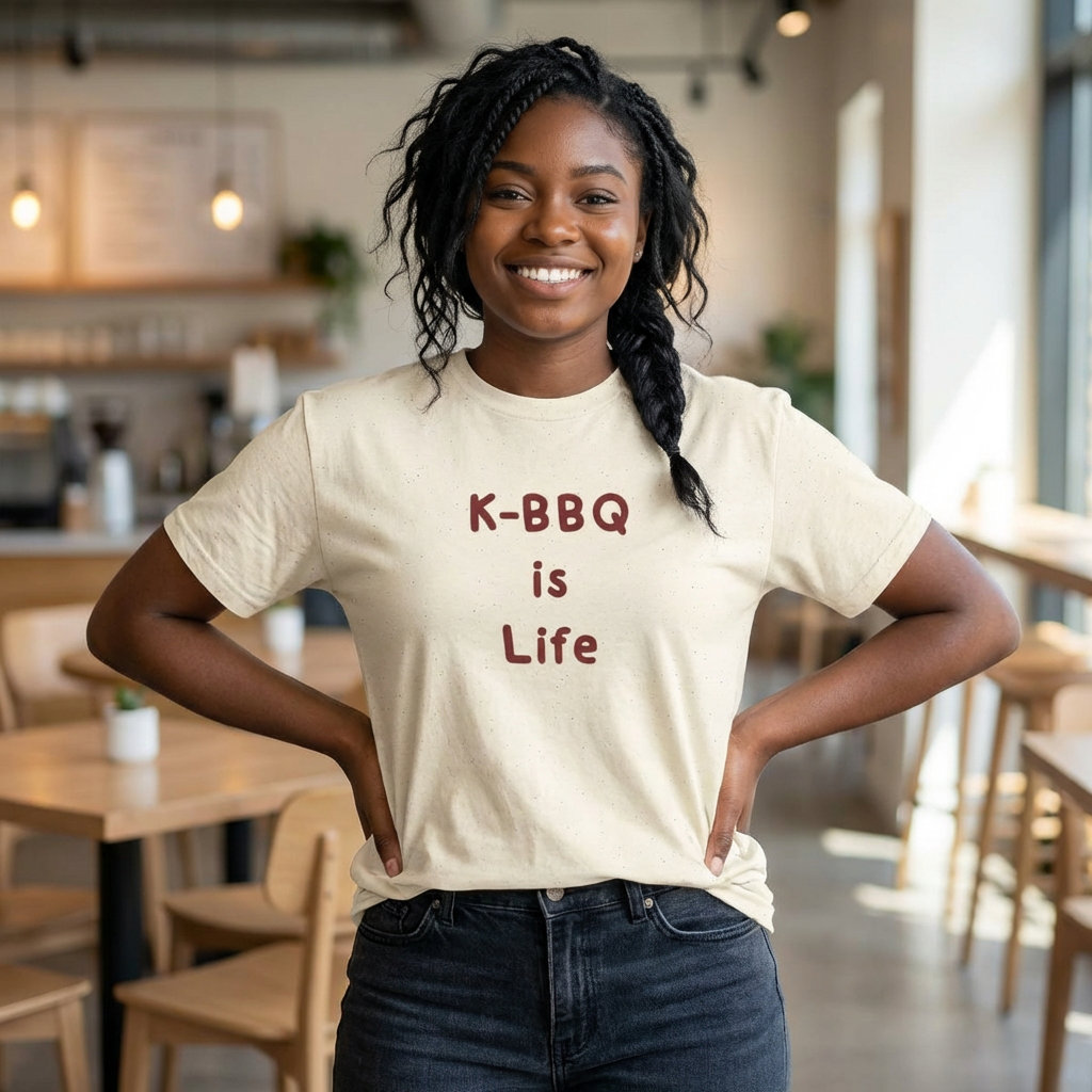 woman wearing K-BBQ is life for Korean food fans beige t-shirt by Kjota