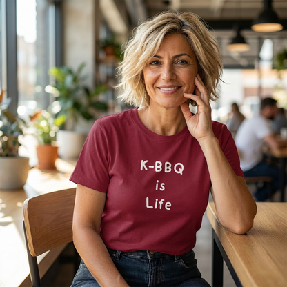 woman wearing K-BBQ is life for Korean food fans red t-shirt by Kjota