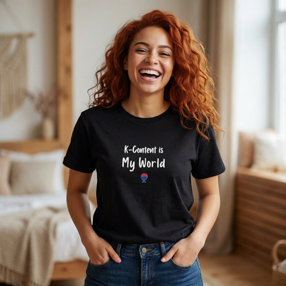woman wearing K-content is my world Korean entertainment Hallyu fan t-shirt black by Kjota