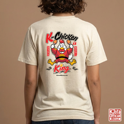 woman wearing K-Chicken is King graphic beige t-shirt featuring a Korean chicken mascot wearing a red royal robe and holding fried chicken drumsticks with Hangeul text printed on back of tee by K-Jota