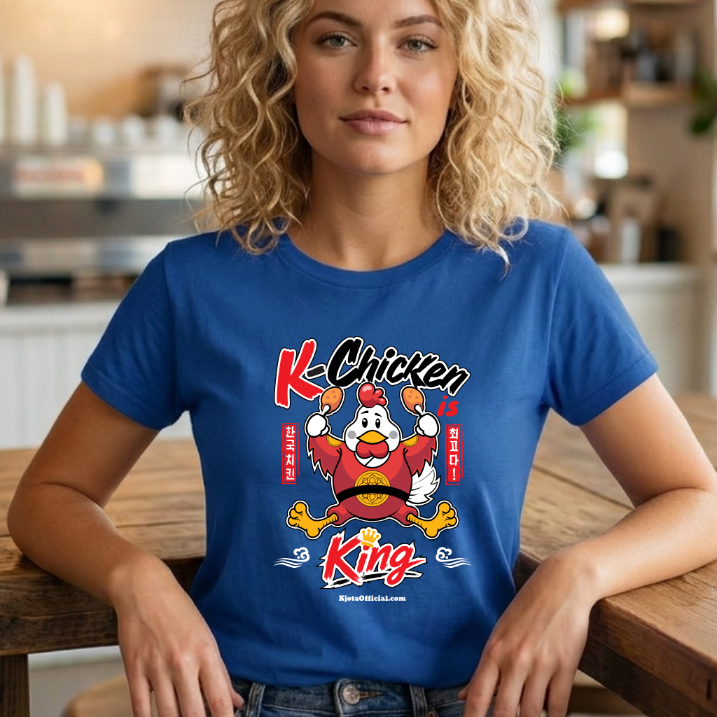 woman wearing “K-Chicken is King” graphic t-shirt in blue featuring a Korean fried chicken mascot wearing red royal robes holding fried chicken drumsticks with Hangeul text by Kjota
