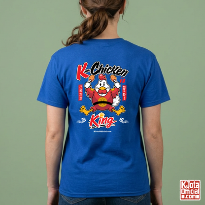 woman wearing “K-Chicken is King” graphic blue t-shirt featuring a Korean chicken mascot wearing a red royal robe and holding fried chicken drumsticks with Hangeul text printed on back of tee by K-Jota
