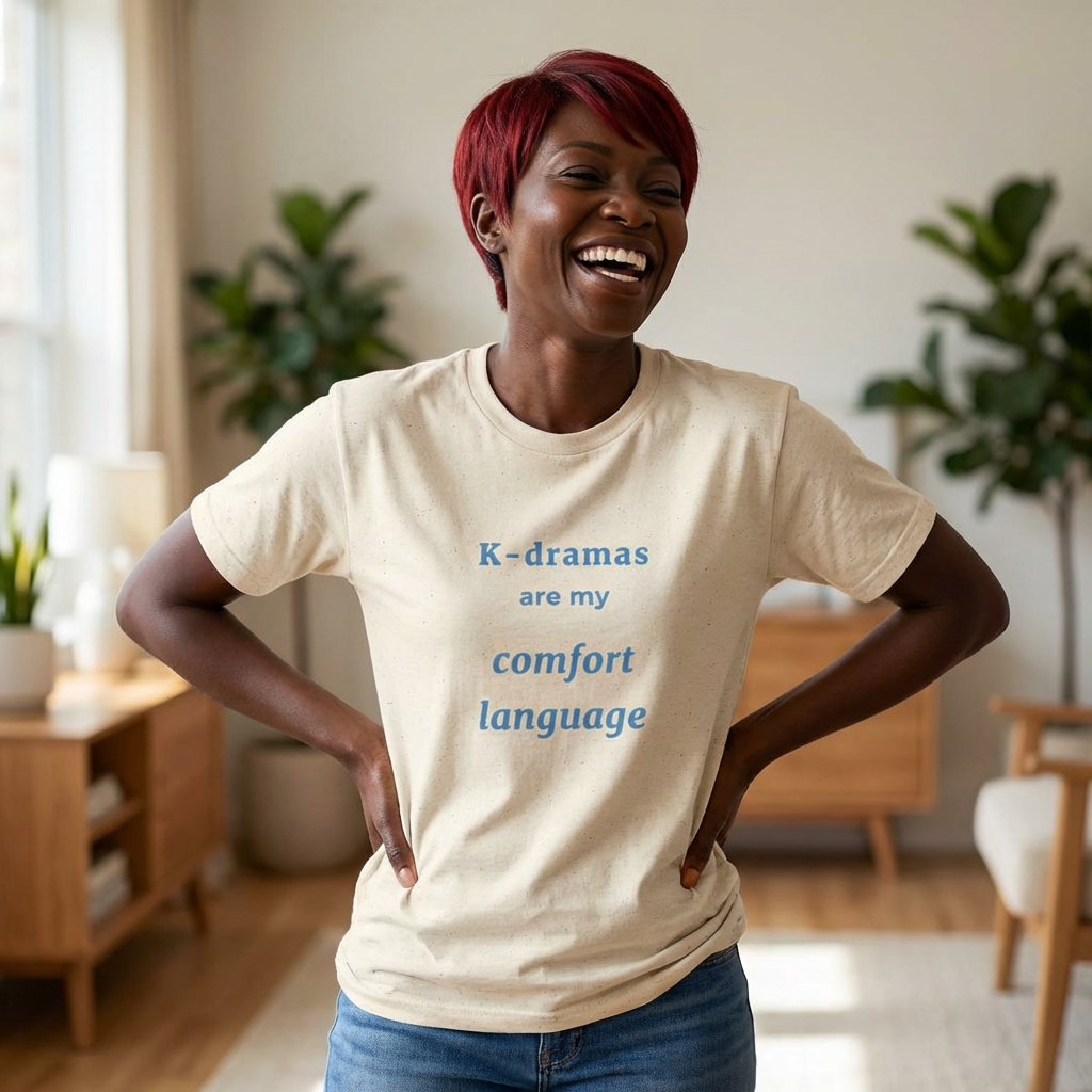 woman wearing K-dramas are my comfort language Korean show fan t-shirt beige by Kjota