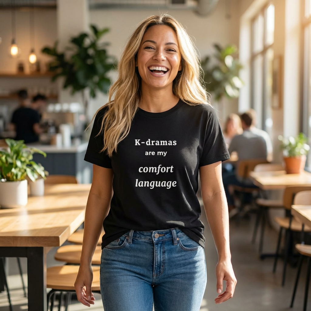 woman wearing K-dramas are my comfort language Korean show fan t-shirt black by Kjota