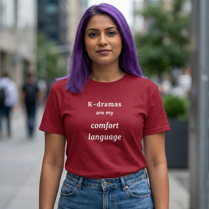woman wearing K-dramas are my comfort language Korean show fan t-shirt red by Kjota