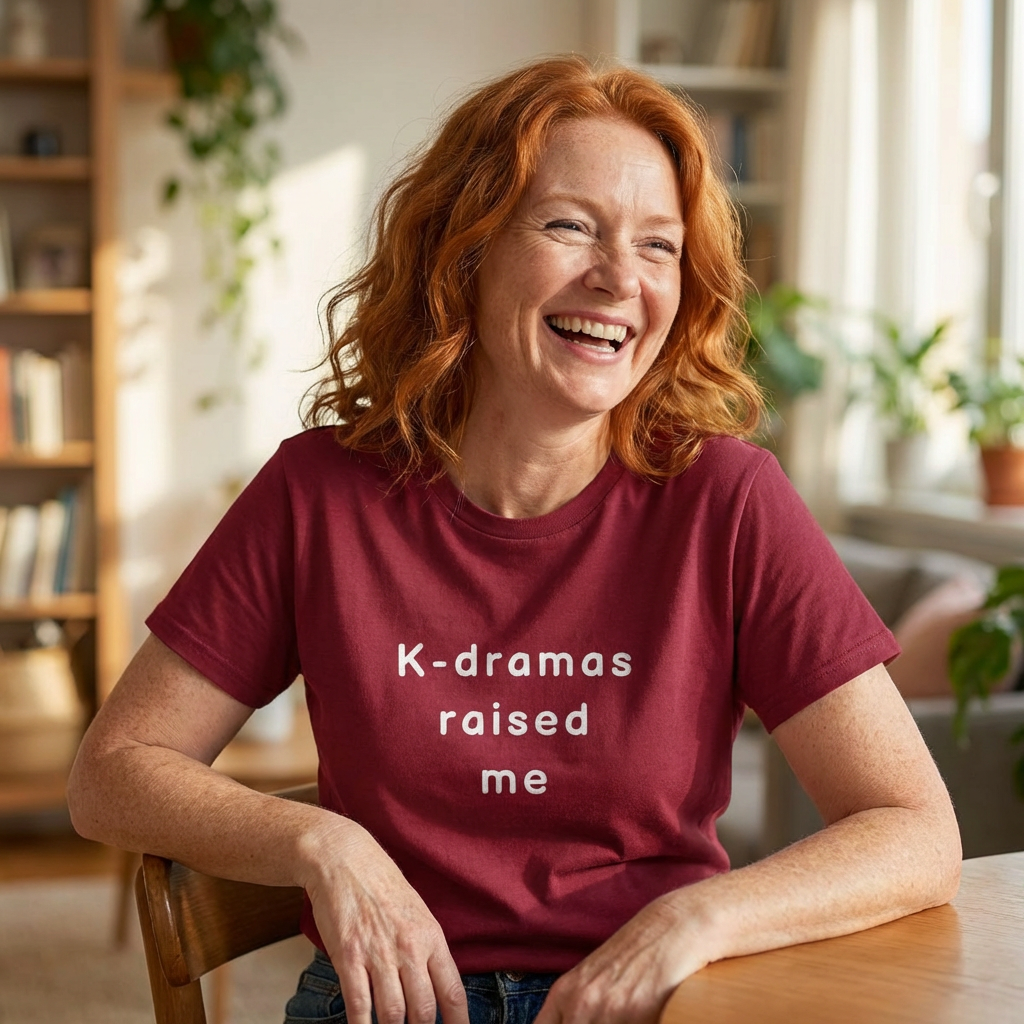 woman wearing red t-shirt for Korean show fans with 'K-dramas raised me' text by Kjota