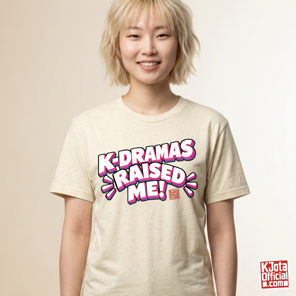 woman wearing a beige t-shirt with 'K-dramas raised me' text printed on the front by K-Jota for Korean show life lesson fans