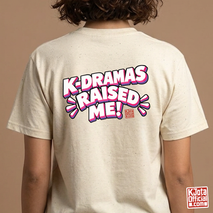 woman wearing a beige t-shirt with 'K-dramas raised me' text printed on the back by K-Jota for Korean show life lesson fans