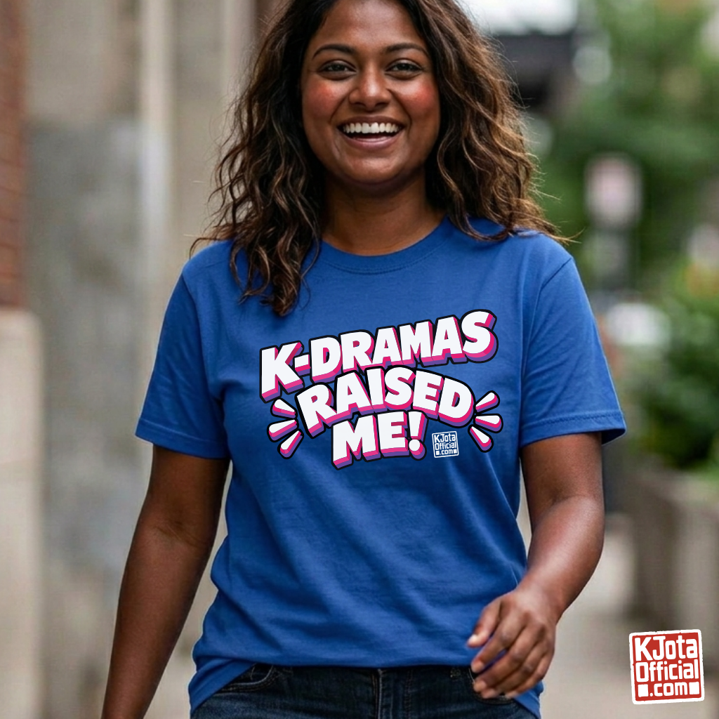 woman wearing a blue t-shirt with 'K-dramas raised me' text printed on the front by K-Jota for Korean show life lesson fans