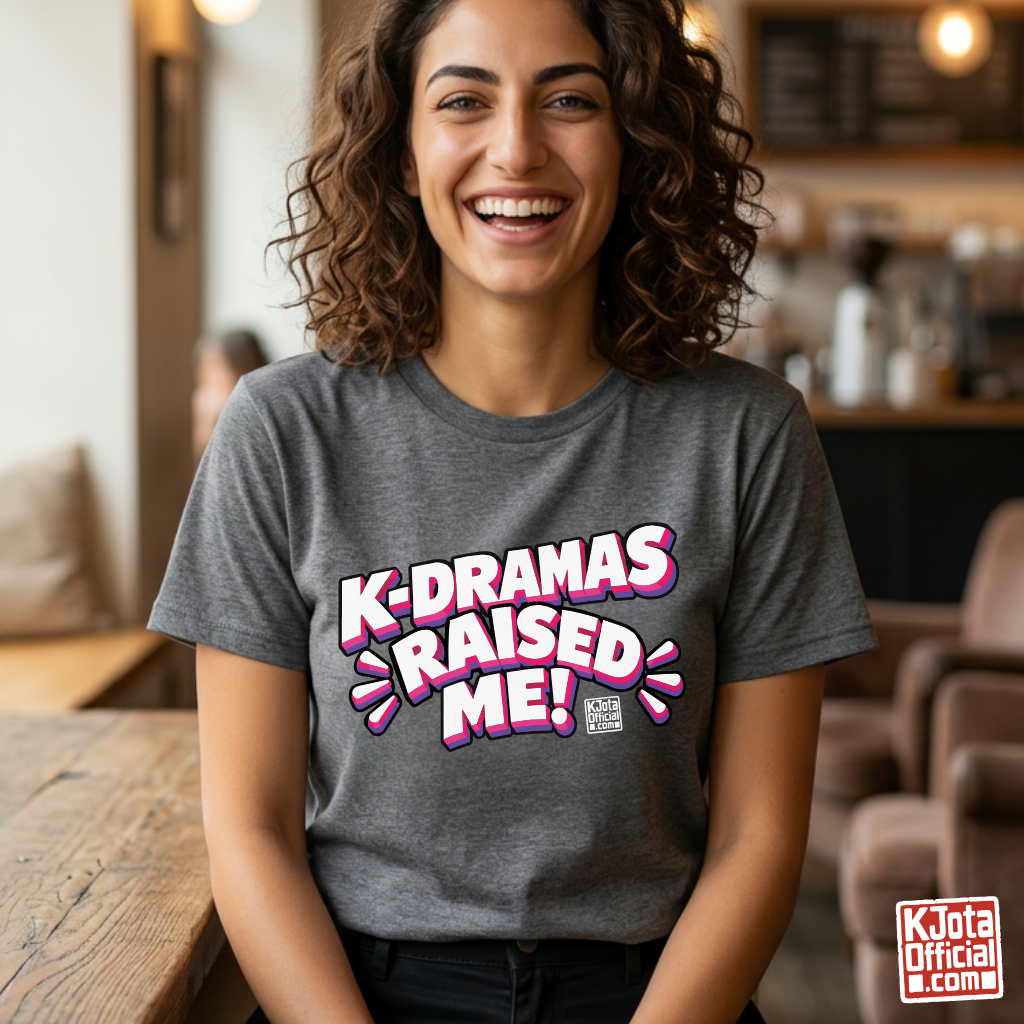 woman wearing a gray t-shirt with 'K-dramas raised me' text printed on the front by K-Jota for Korean show life lesson fans
