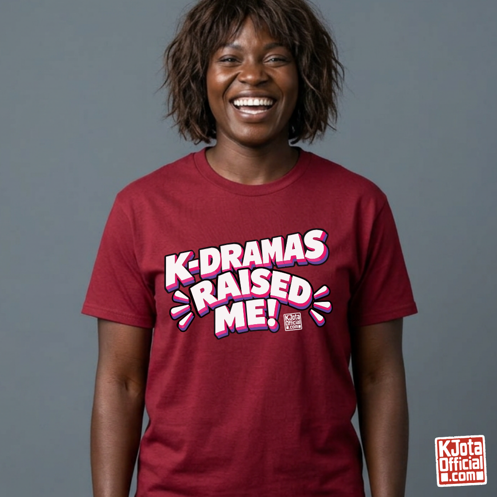 woman wearing a red t-shirt with 'K-dramas raised me' text printed on the front by K-Jota for Korean show life lesson fans