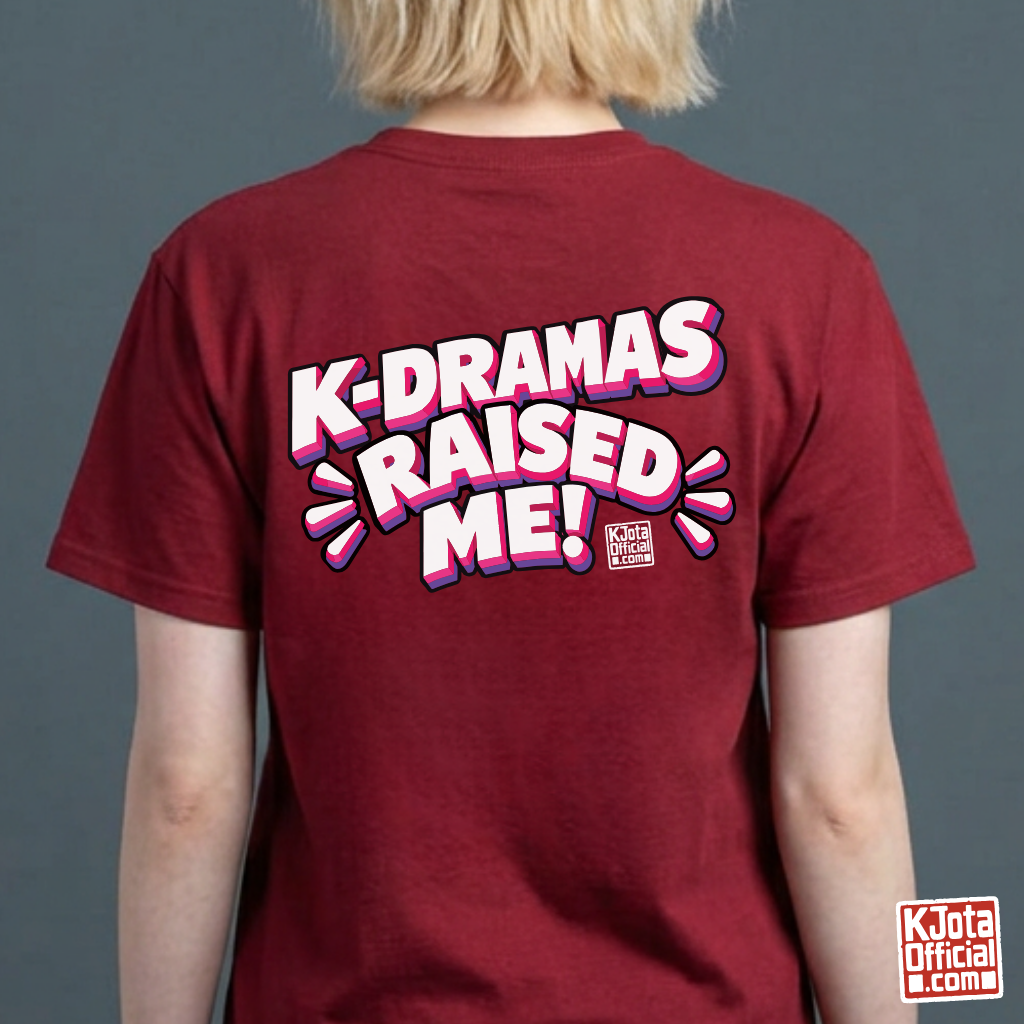 woman wearing a red t-shirt with 'K-dramas raised me' text printed on the back by K-Jota for Korean show life lesson fans