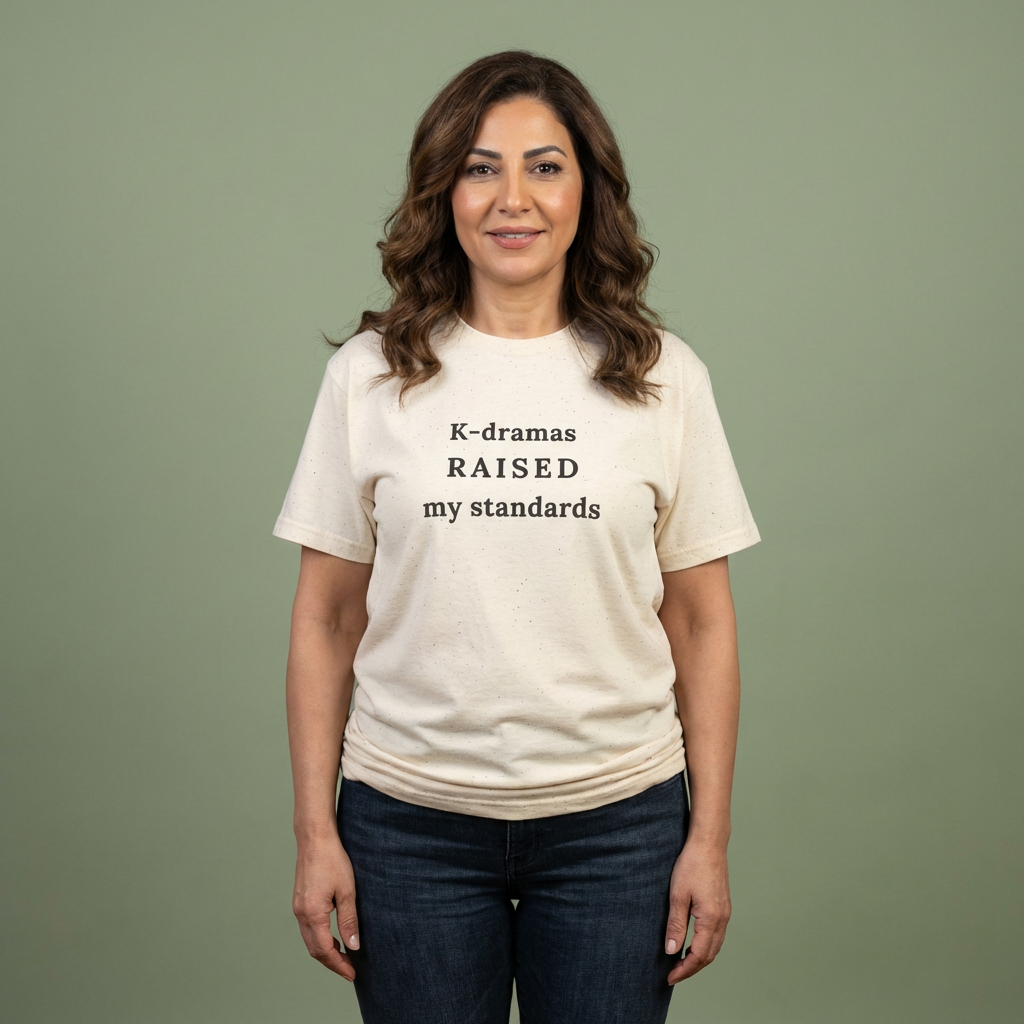woman wearing K-dramas raised my standards fan t-shirt beige by Kjota