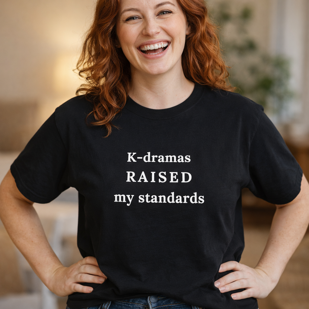 woman-wearing-K-dramas raised my standards fan t-shirt black by Kjota