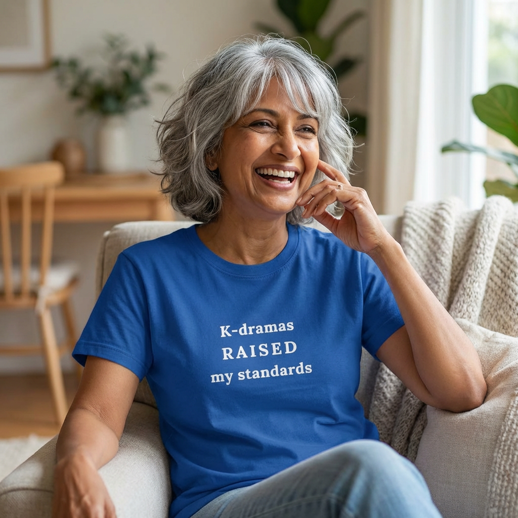 woman-wearing-K-dramas raised my standards fan t-shirt blue by Kjota
