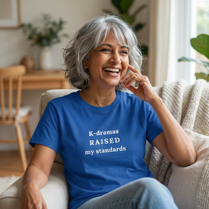 woman-wearing-K-dramas raised my standards fan t-shirt blue by Kjota
