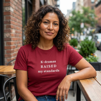 woman wearing K-dramas raised my standards fan t-shirt red by Kjota