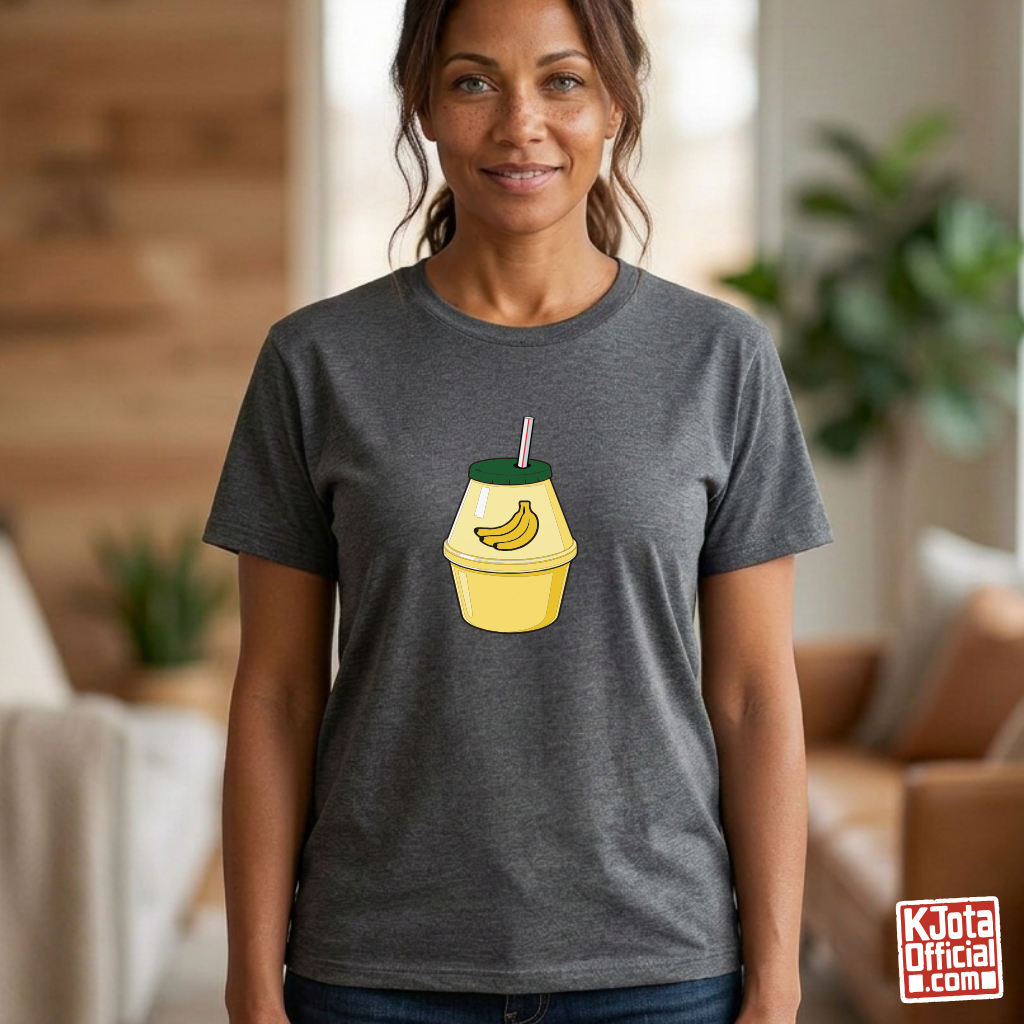 Woman wearing a cartoon illustration of iconic Korean banana milk on gray t-shirt by K-Jota