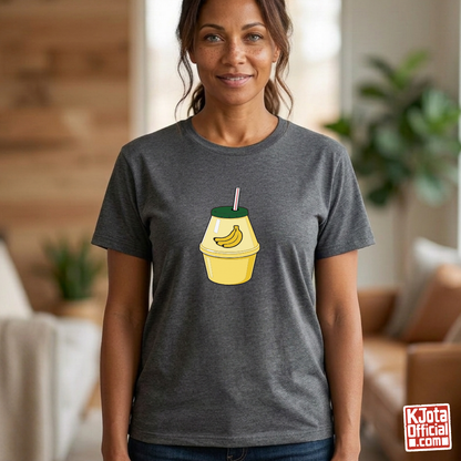 Woman wearing a cartoon illustration of iconic Korean banana milk on gray t-shirt by K-Jota