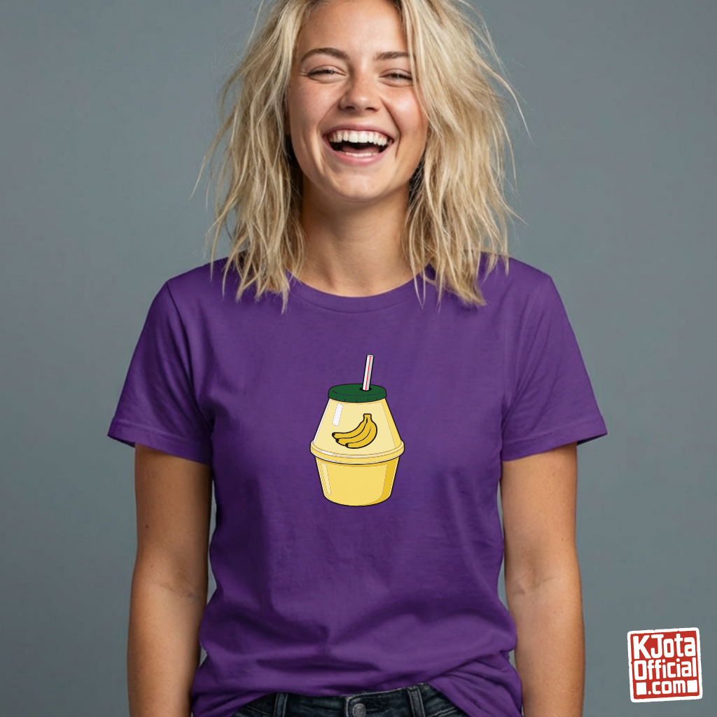 Woman wearing a cartoon illustration of iconic Korean banana milk on purple t-shirt by K-Jota