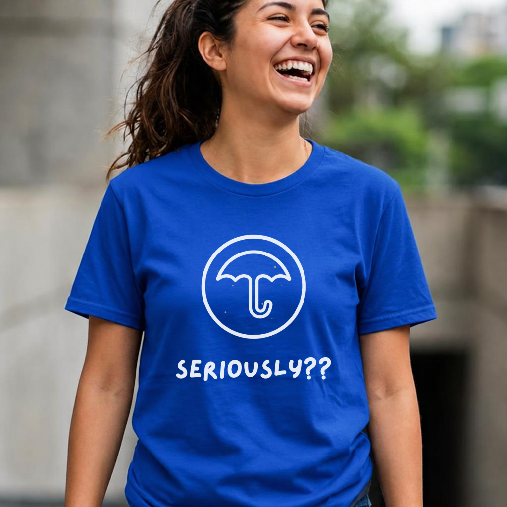 woman wearing Dalgona candy umbrella design inspired by Squid Game Korean street snack honeycomb candy on blue t-shirt by K-Jota