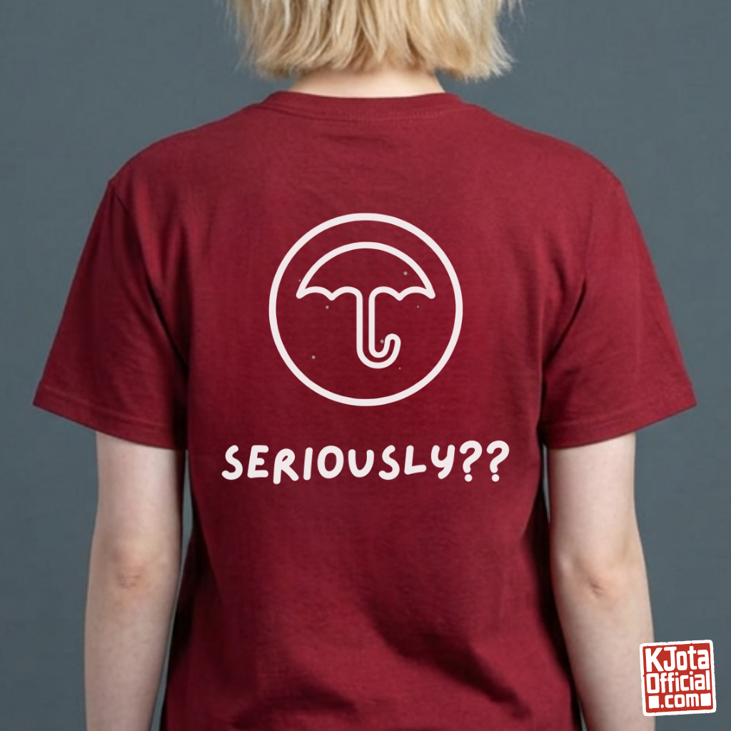 woman wearing a red t-shirt with Dalgona candy umbrella design printed on back. Inspired by Squid Game Korean street snack honeycomb candy. K-fandom merch by K-Jota