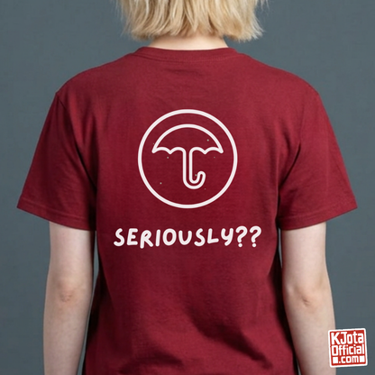 woman wearing a red t-shirt with Dalgona candy umbrella design printed on back. Inspired by Squid Game Korean street snack honeycomb candy. K-fandom merch by K-Jota
