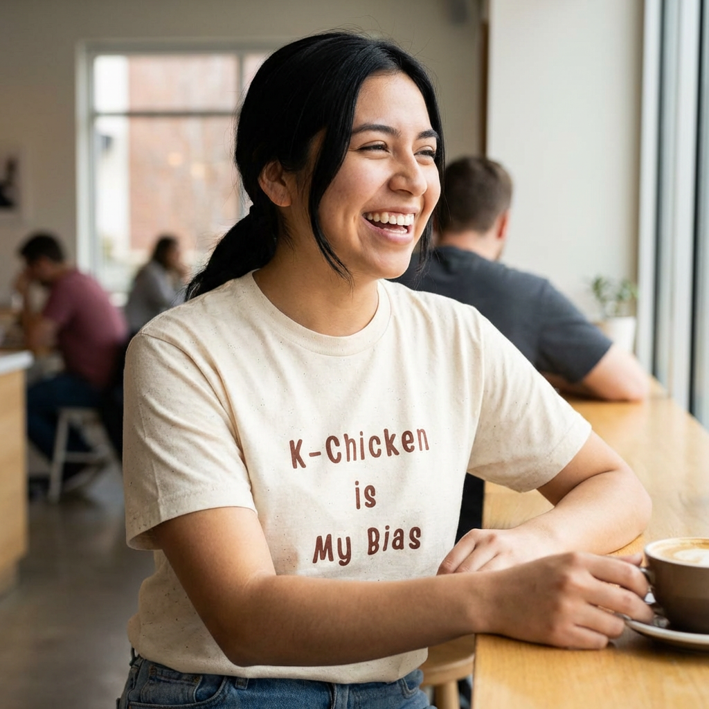 woman wearing Korean fried chicken fan beige t-shirt by Kjota