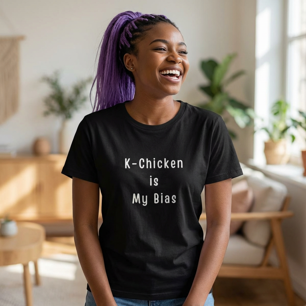 woman wearing Korean fried chicken fan black t-shirt by Kjota