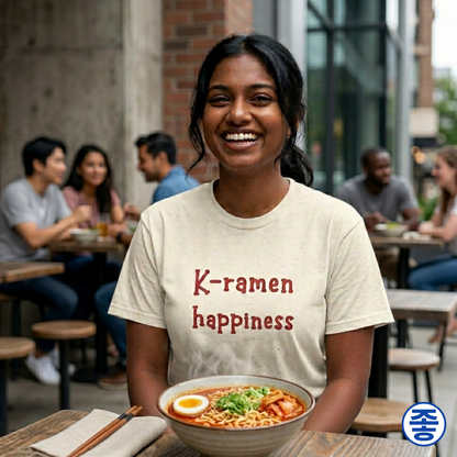 woman sitting at restaurant and wearing “K-ramen happiness” Korean food fan t-shirt beige by Kjota