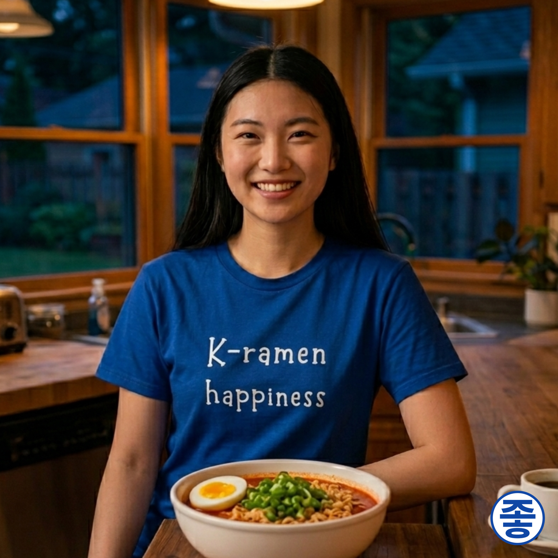 woman sitting at home kitchen table and wearing “K-ramen happiness” Korean food fan t-shirt blue by Kjota