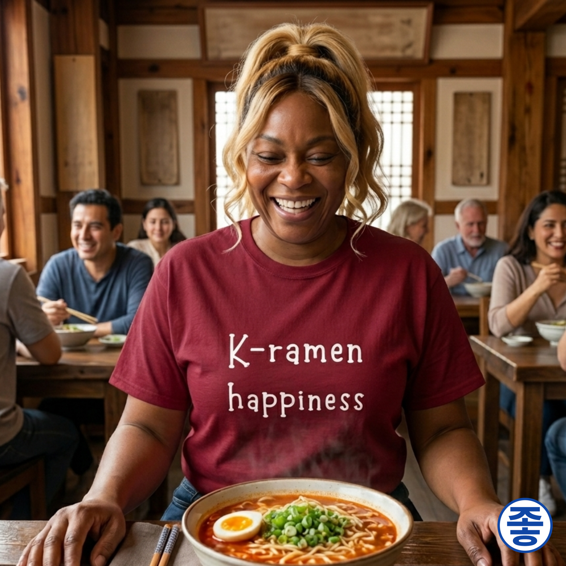 woman sitting at restaurant and wearing “K-ramen happiness” Korean food fan t-shirt red by Kjota