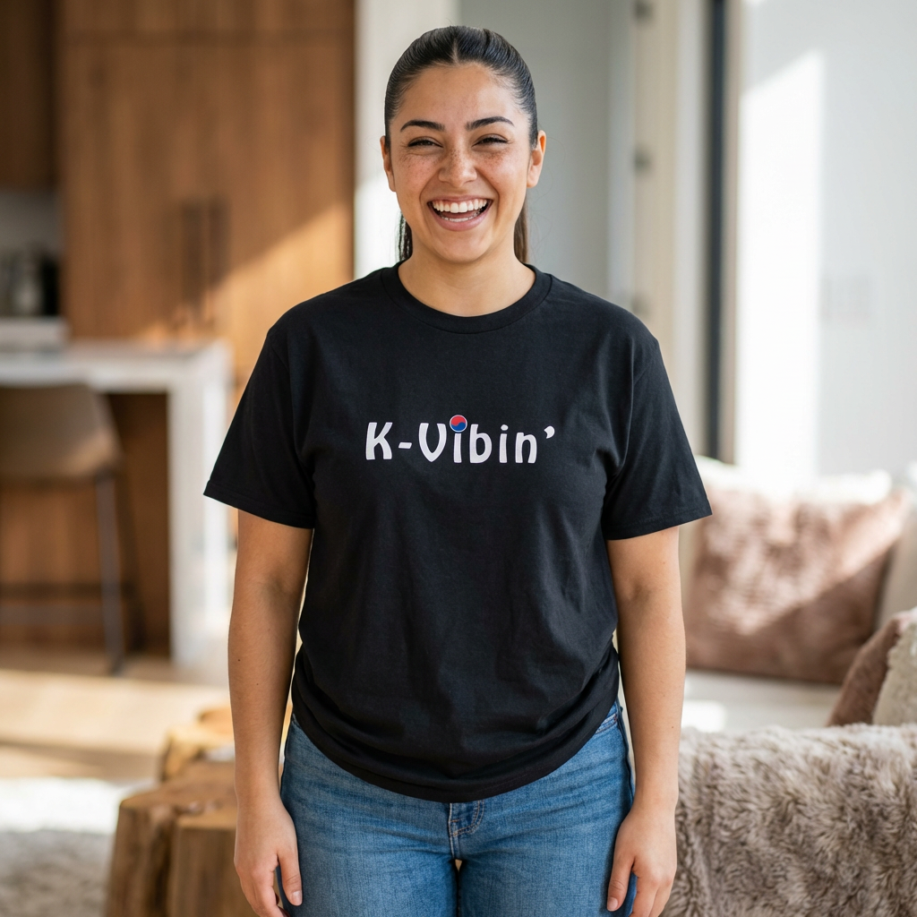 woman wearing K-Vibin’ black t-shirt K-fandom Korea Hallyu love vibe Kjota