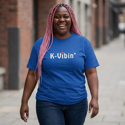 woman wearing K-Vibin’ blue t-shirt K-fandom Korea love vibe Kjota