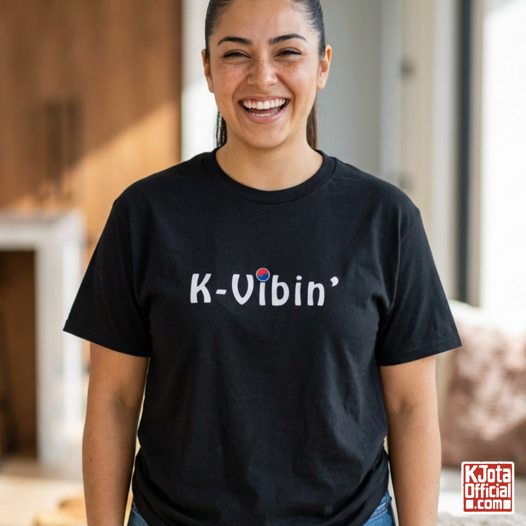 woman wearing “K-Vibin’” printed on front of black t-shirt South Korea pop culture hallyu fandom love by K-Jota