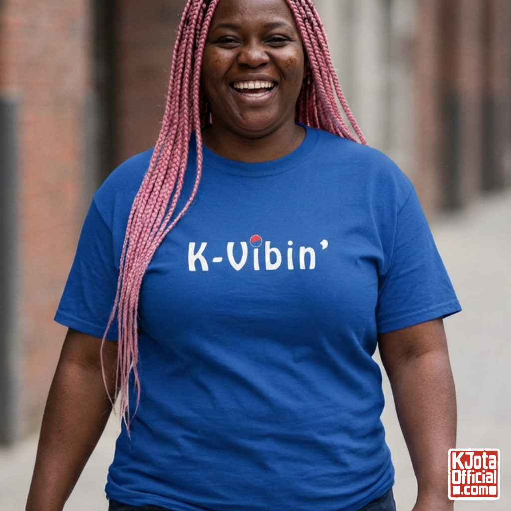 woman wearing “K-Vibin’” printed on front of blue t-shirt South Korea pop culture hallyu fandom love by K-Jota