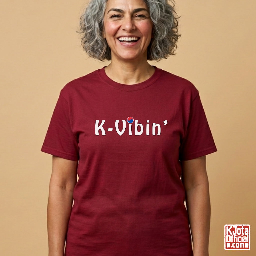 woman wearing “K-Vibin’” printed on front of red t-shirt South Korea pop culture hallyu fandom love by K-Jota