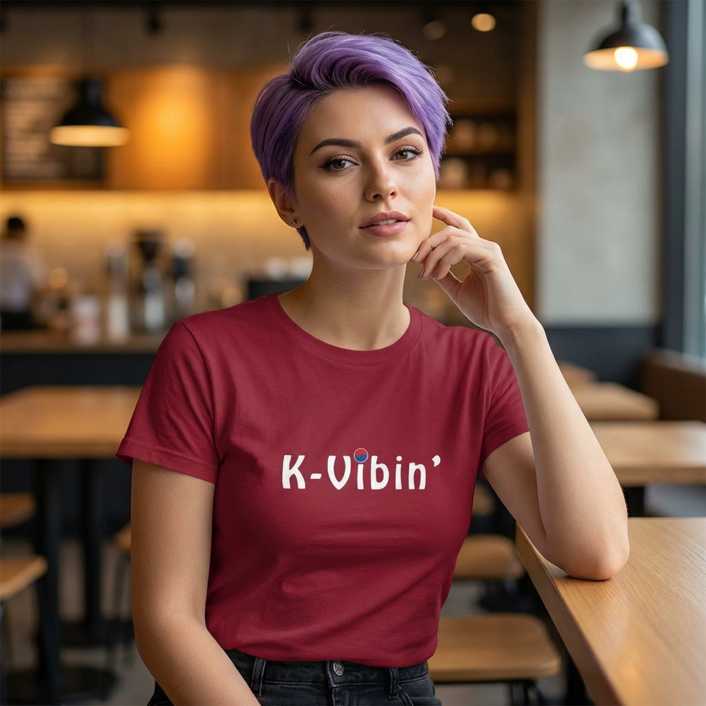 woman wearing K-Vibin’ red t-shirt K-fandom Korea love vibe Kjota
