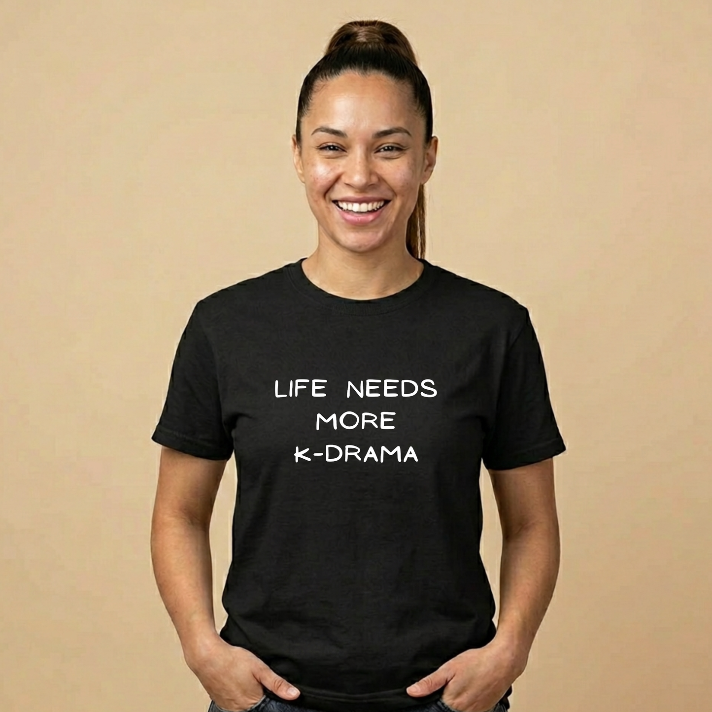 woman wearing black t-shirt for Korean show fans with 'LIFE NEEDS MORE K-DRAMA' text by Kjota