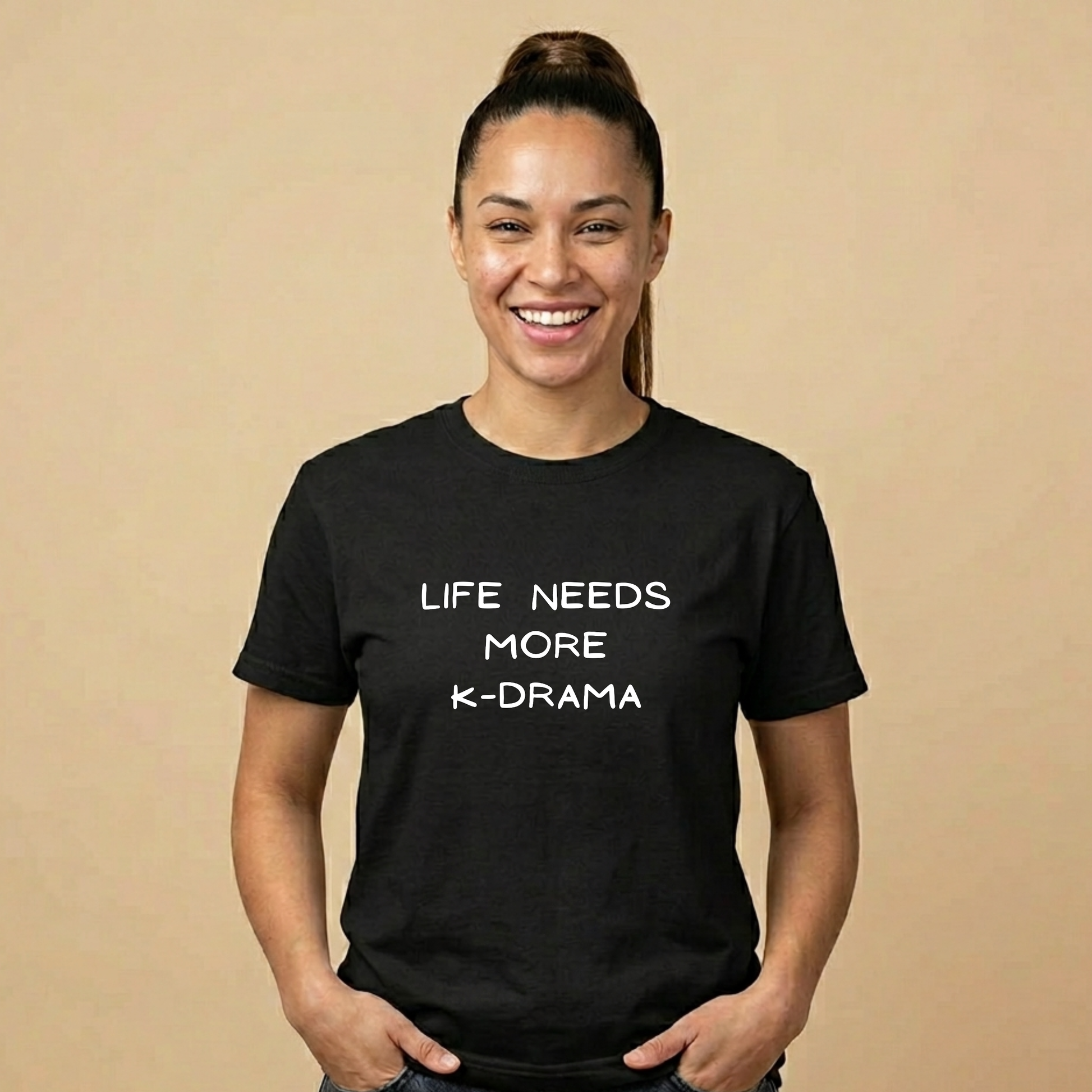 woman wearing black t-shirt for Korean show fans with 'LIFE NEEDS MORE K-DRAMA' text by Kjota