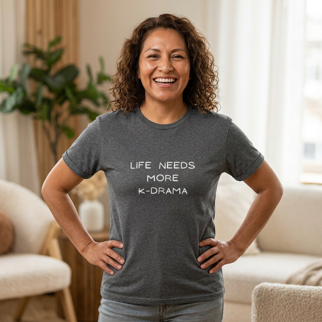 woman wearing gray t-shirt for Korean show fans with 'LIFE NEEDS MORE K-DRAMA' text by Kjota